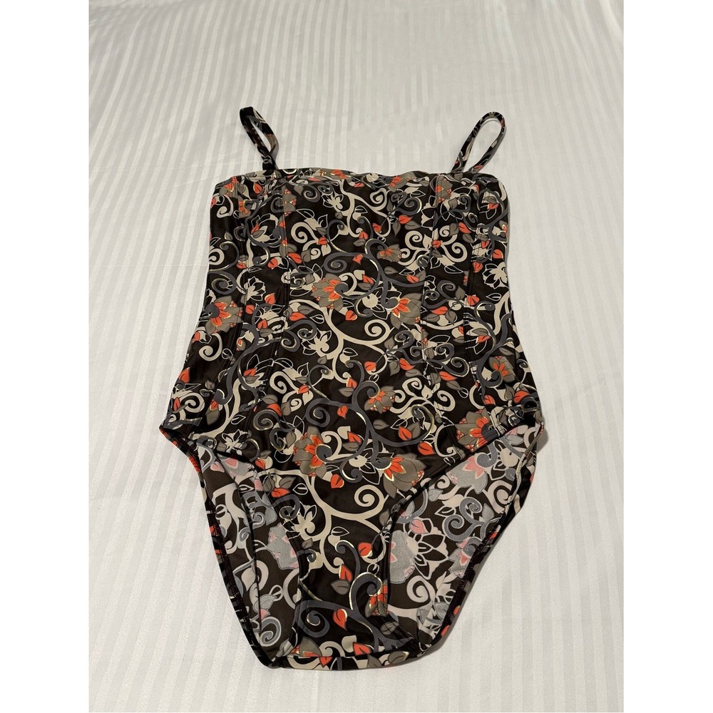 Debenhams Floral Scroll One Piece Swimsuit Brown Orange Gold Metallic Size 18L